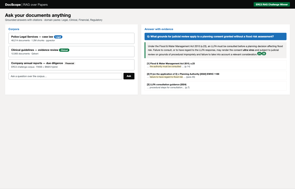 DocScope ask-your-documents interface with cited answer