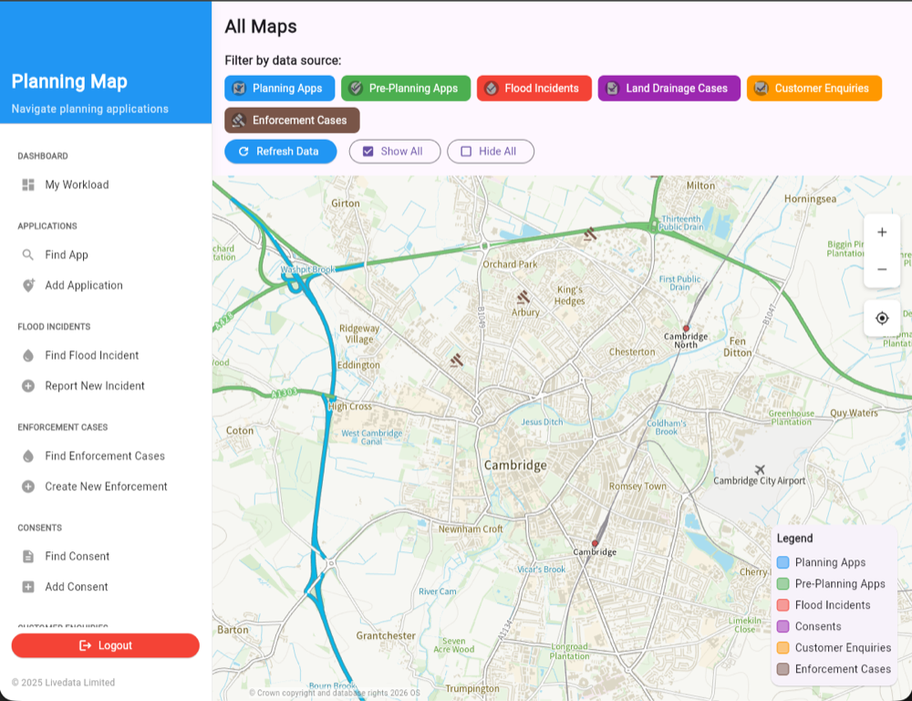 LLFA flood risk and land drainage management system dashboard