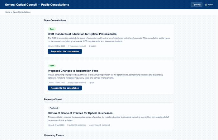 Public Consultation Agent showing public portal, survey builder, admin dashboard and AI analysis